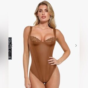 Brown Lace Trim Bodysuit